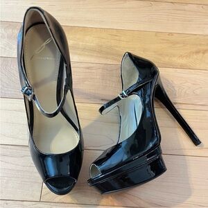 Brian Atwood Ferrand Sky High Stiletto Black Patent Leather Platform Heels 7